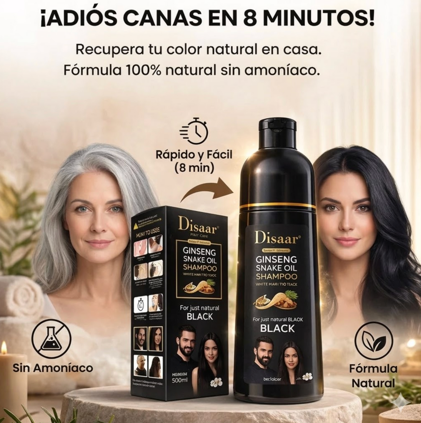Rejuvenece tu cabello al instante Shampoo cubridor de cana.
